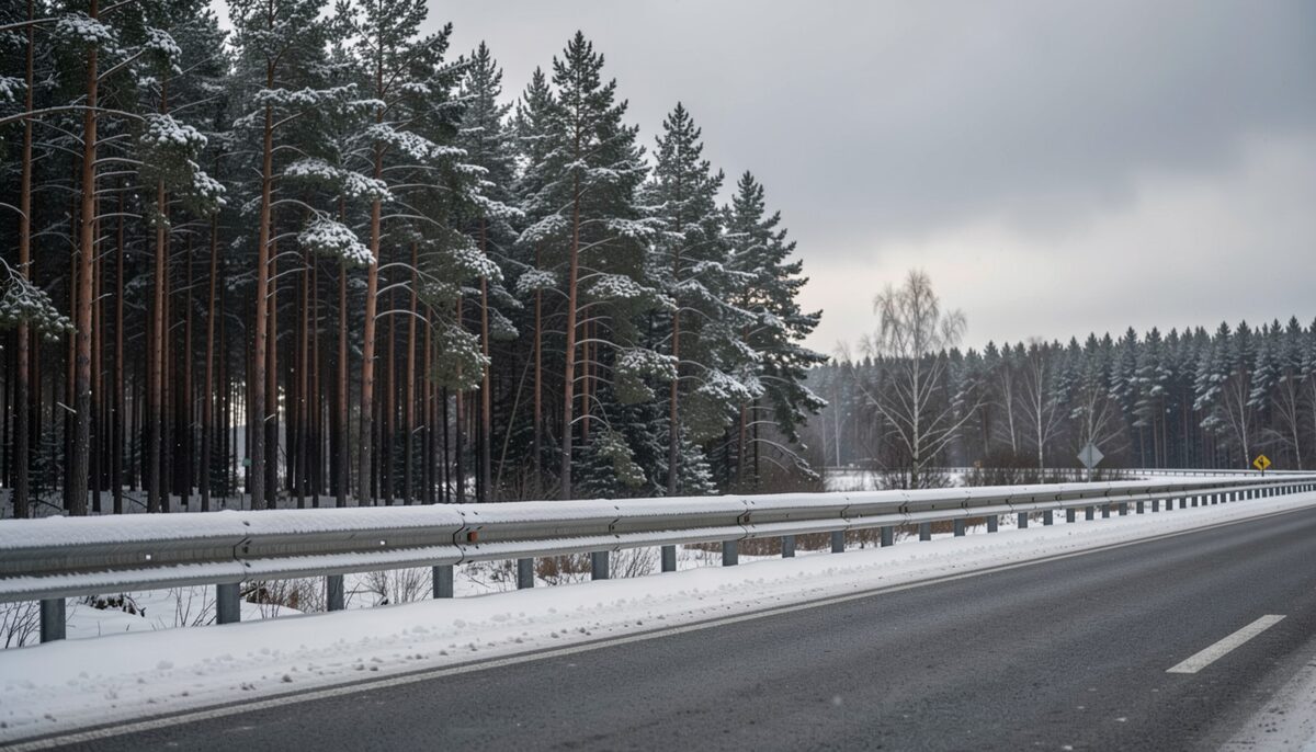 A snow dusted roadside guard rail beside a pine forest under low grey cloud, no vehicles or people visible.