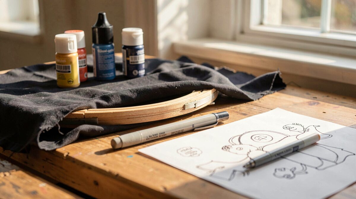 A sunlit craft table with dark fabric stretched in a wooden hoop, fabric paint bottles, a felt pen, and a transferred design sketch nearby, shot in close-up with warm natural window light.