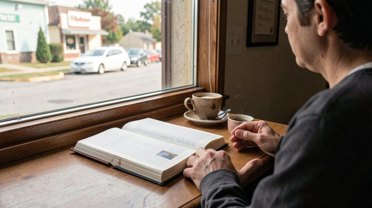 A reader at a motel desk in morning light, an open guidebook beside a cup of coffee, framed close with a window and small town street visible outside.