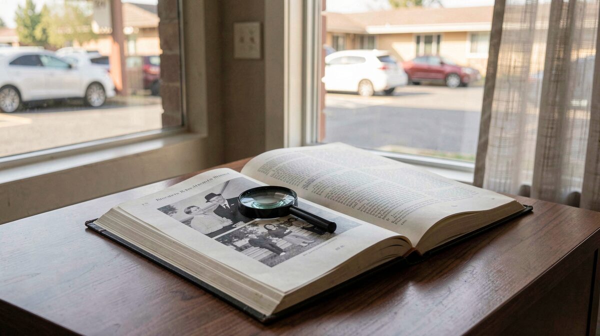 A researcher's desk beside a motel window in soft morning light, framed on an open archive book with a magnifying glass and a printed photograph resting on the pages, shot close at an angle.