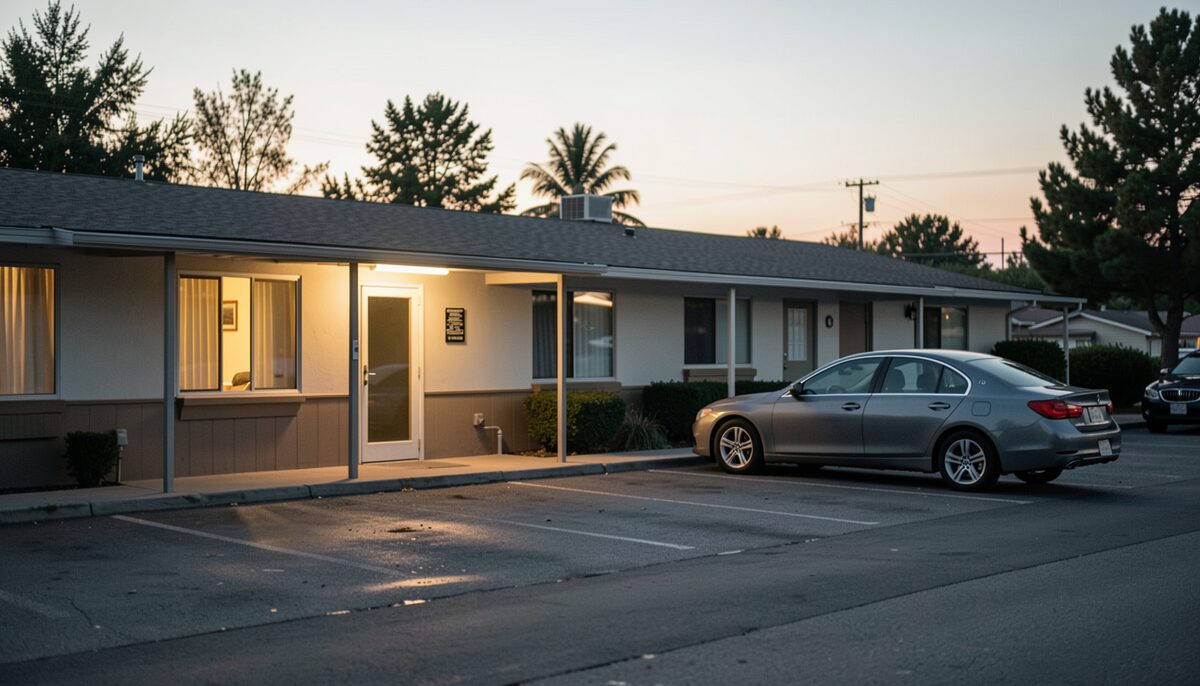 A single story roadside motel building at dusk seen from the parking apron, with a parked car and lit room window, no people in frame.